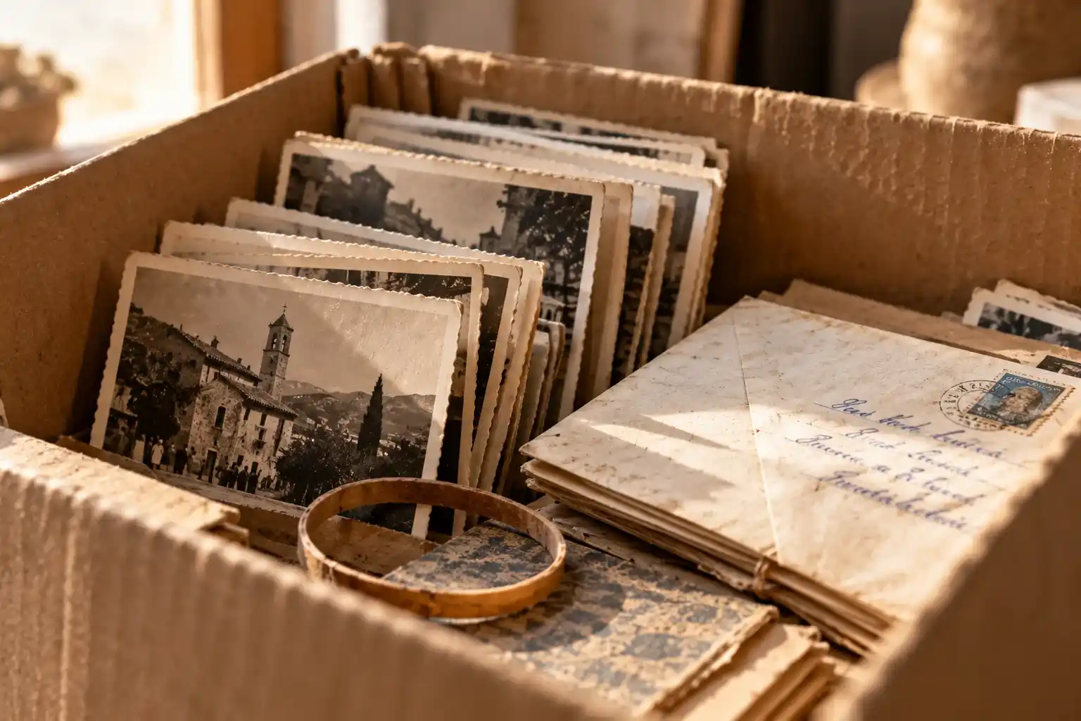 Vaciar la casa de los abuelos sin desprenderte de su historia 3 Fotografías antiguas guardadas de canto dentro de una caja de cartón