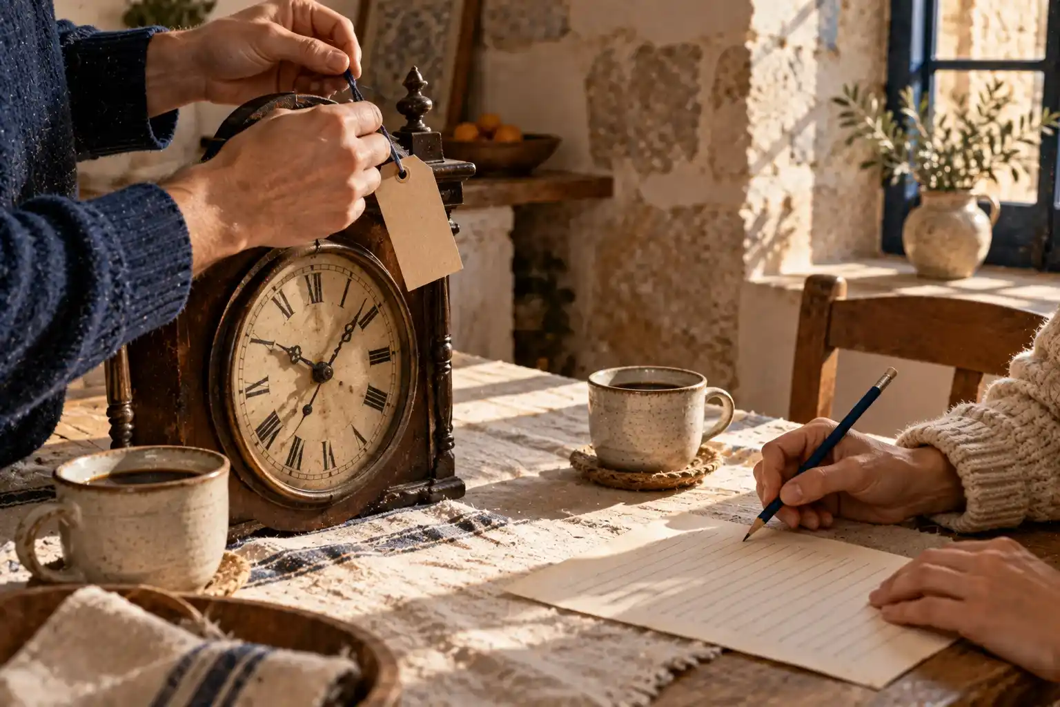 Vaciar la casa de los abuelos sin desprenderte de su historia 4 Manos de dos hermanos atando una etiqueta a un reloj antiguo en la cocina