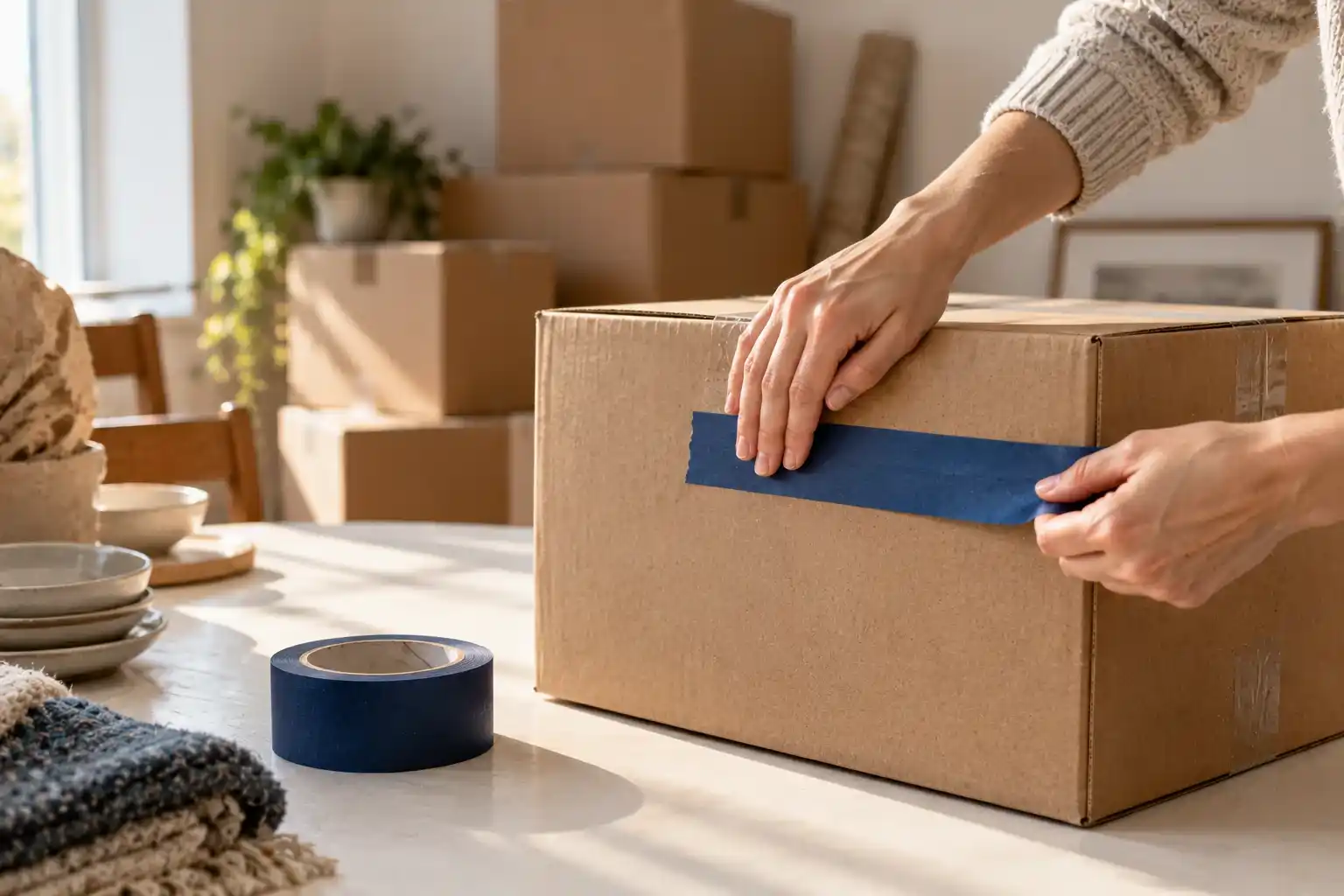 Volver a España después de veinte años fuera. La casa entera, de vuelta 4 Manos pegando una tira de cinta de carrocero en el lateral de una caja