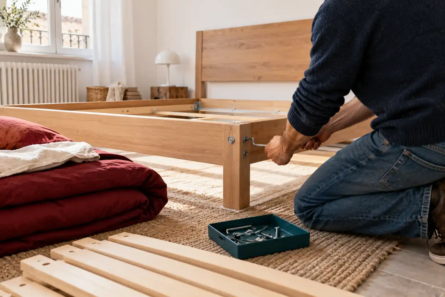 Irse a estudiar a Salamanca por primera vez. Lo que cabe en el coche y lo que se queda en casa 4 Persona de lado desmontando una cama con una llave allen en una habitación luminosa