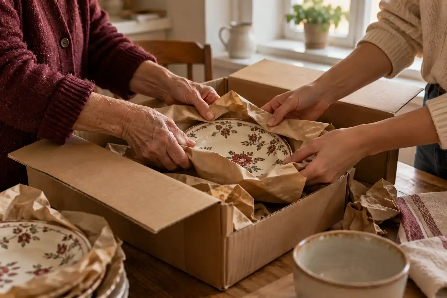 Una vida grande en un piso pequeño. Qué se lleva y qué se queda cuando los mayores cambian de casa 4 Manos de una persona mayor y de otra más joven envolviendo un plato de cerámica en papel dentro de una caja de cartón