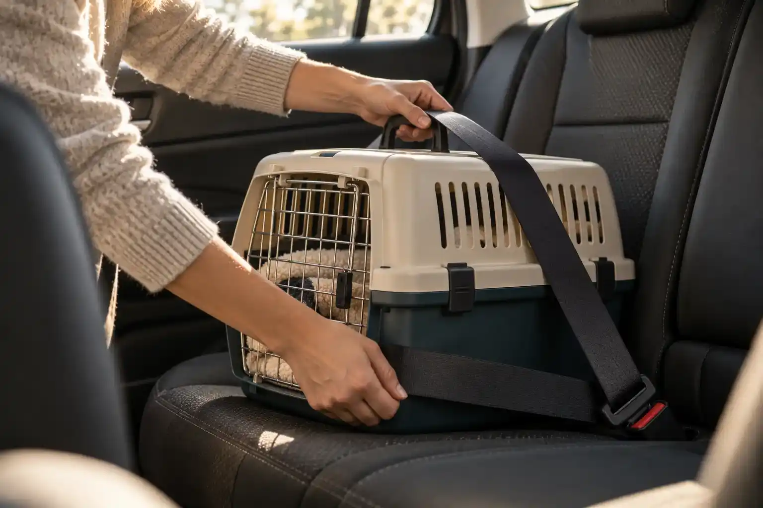 El gato que no quería irse. Mudarse con un gato mayor sin romper su rutina 4 Manos colocando un transportín con manta en el asiento trasero y abrochando el cinturón