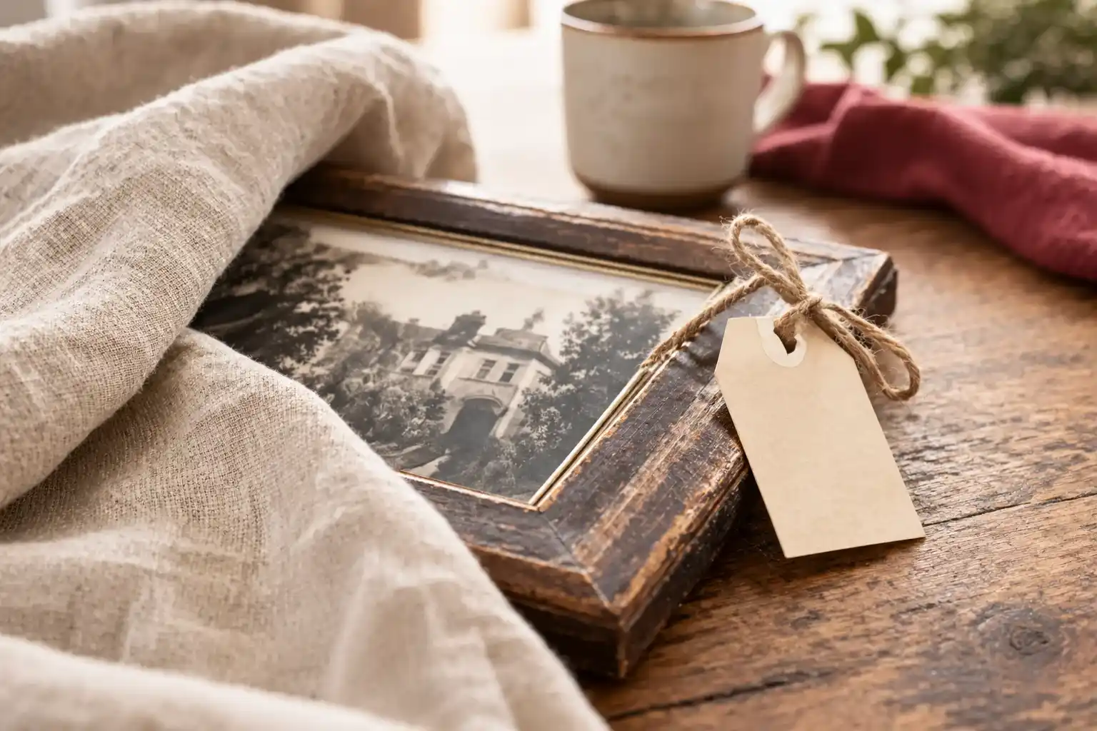 Una vida grande en un piso pequeño. Qué se lleva y qué se queda cuando los mayores cambian de casa 3 Marco de madera con una fotografía antigua envuelto en lino para llevarlo a un piso pequeño, con su etiqueta