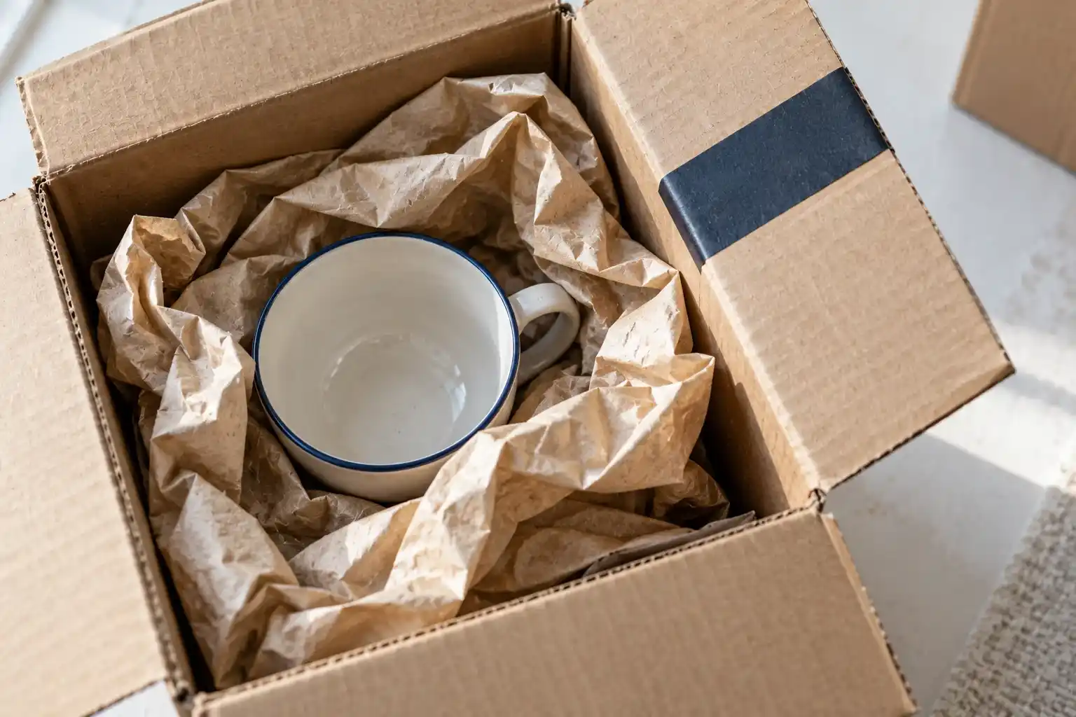 Volver a España después de veinte años fuera. La casa entera, de vuelta 3 Taza de porcelana con filo azul envuelta en papel kraft dentro de una caja abierta
